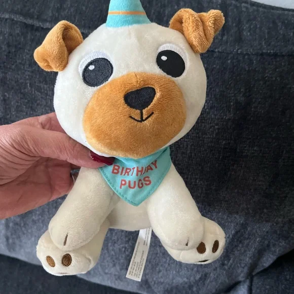 Plush Birthday Pug Dog Toy - Cream & Brown with Teal Bandana, New without tag 🏷️ - Picture 2 of 5